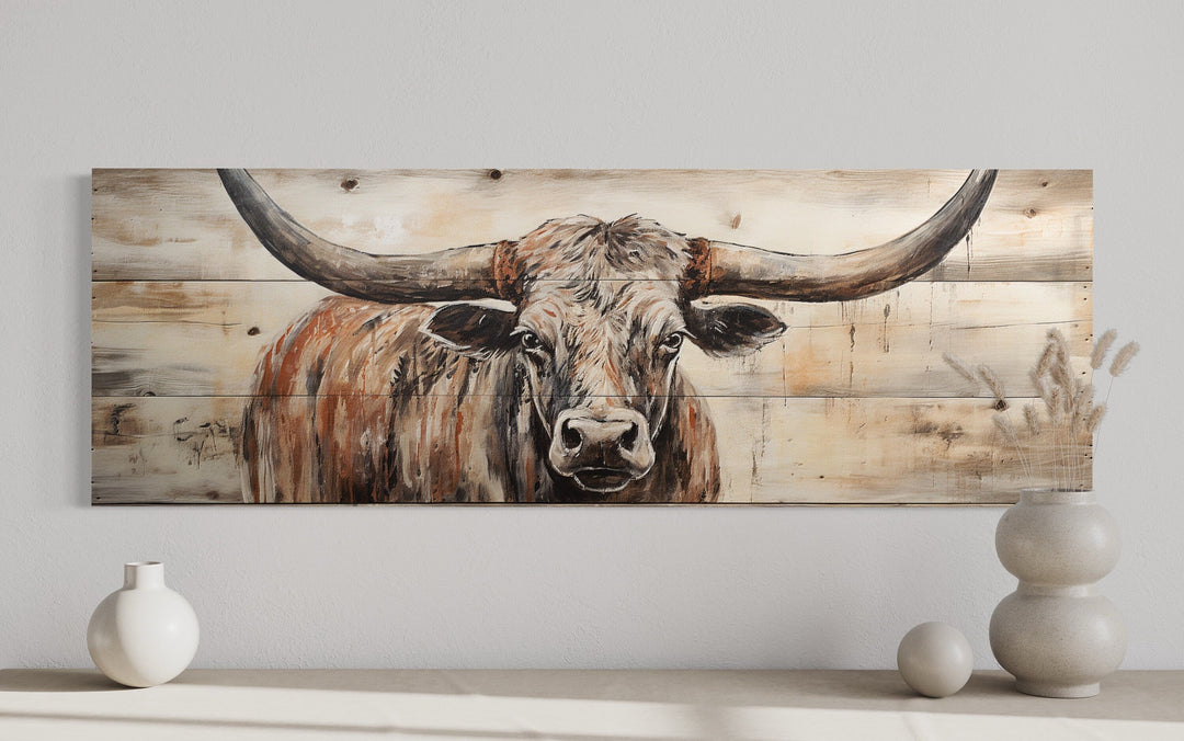 Texas Longhorn Steer Painted On Wood Long Horizontal Framed Canvas Wall Art