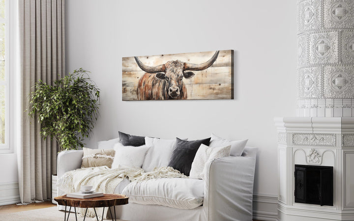 Texas Longhorn Steer Painted On Wood Long Horizontal Framed Canvas Wall Art