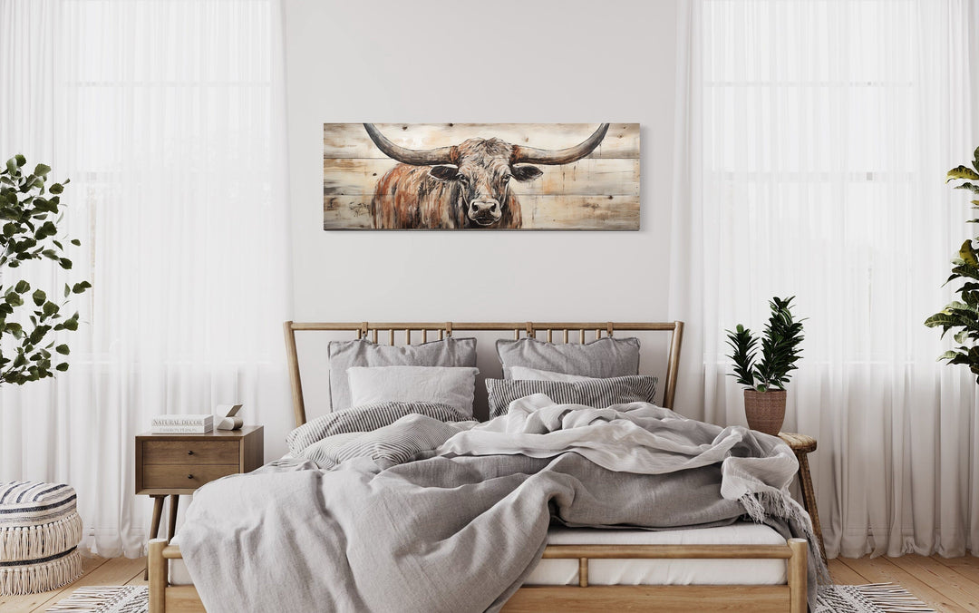 Texas Longhorn Steer Painted On Wood Long Horizontal Framed Canvas Wall Art