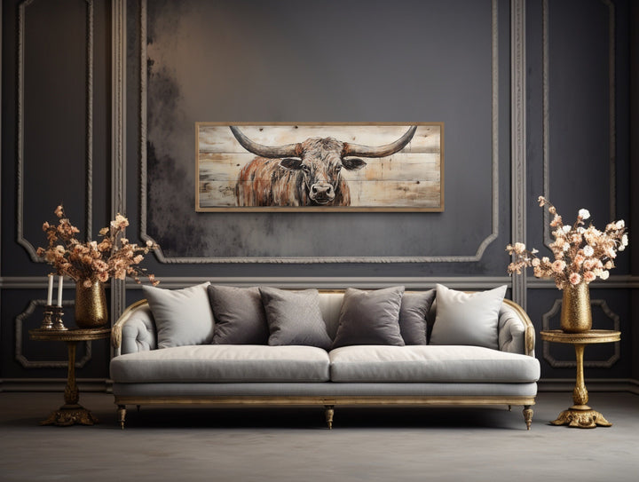 Texas Longhorn Steer Painted On Wood Long Horizontal Framed Canvas Wall Art