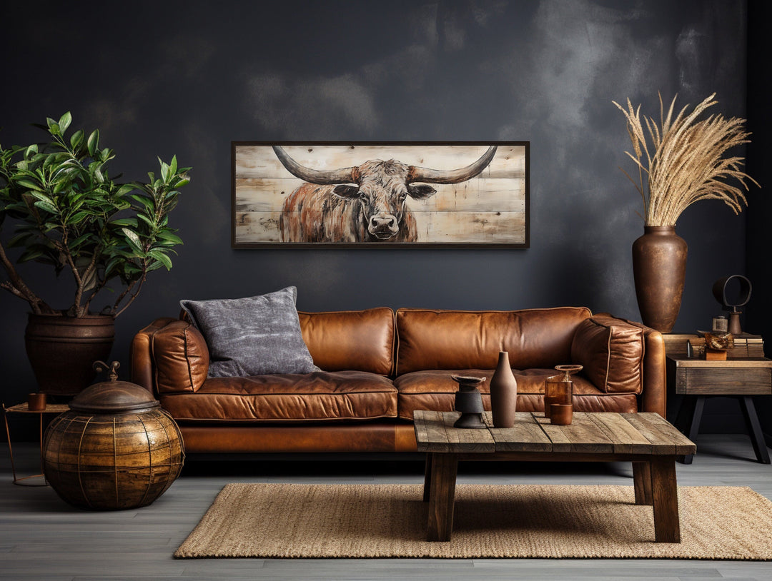 Texas Longhorn Steer Painted On Wood Canvas Wall Art "Prairie King" over brown leather couch