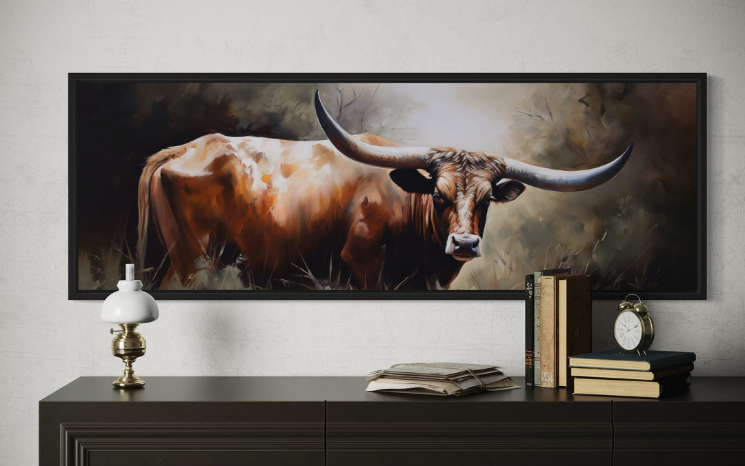 Texas Longhorn Steer Panoramic Framed Canvas Wall Art