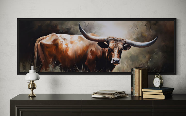 Texas Longhorn Steer Panoramic Framed Canvas Wall Art