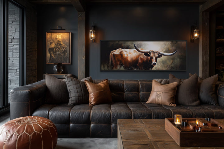 Texas Longhorn Steer Panoramic Framed Canvas Wall Art