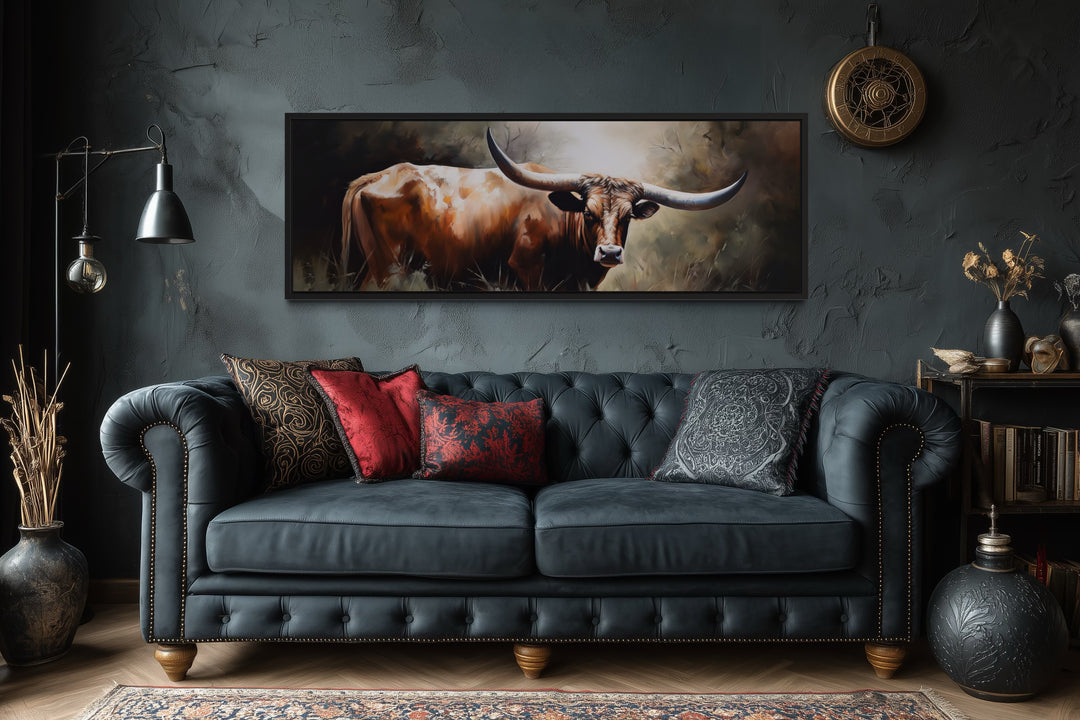 Texas Longhorn Steer Panoramic Framed Canvas Wall Art