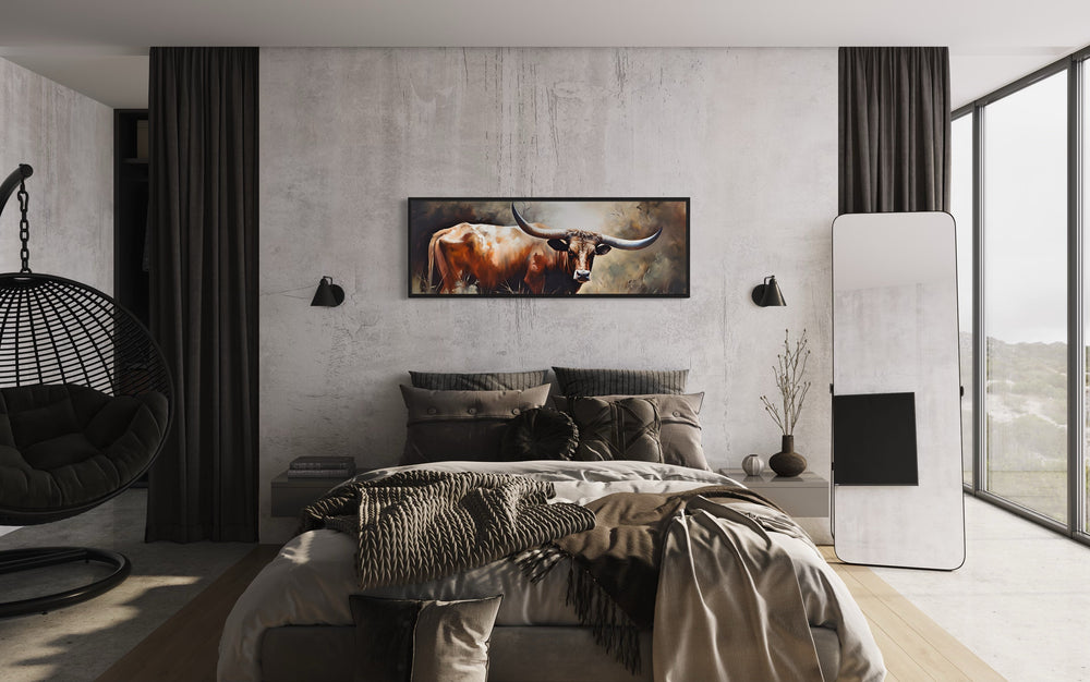 Texas Longhorn Steer Panoramic Framed Canvas Wall Art-Wall Decor Delights