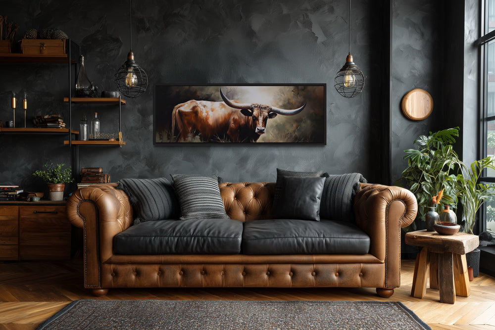Texas Longhorn Steer Panoramic Framed Canvas Wall Art