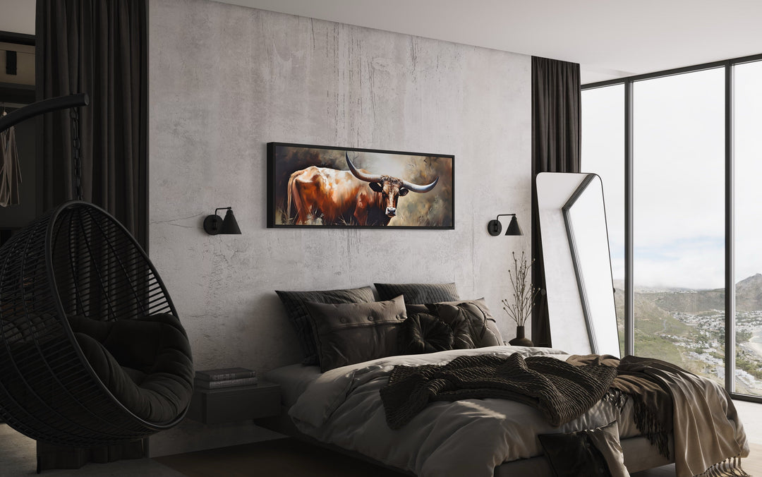 Texas Longhorn Steer Panoramic Framed Canvas Wall Art