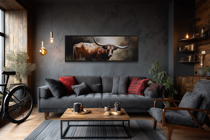Texas Longhorn Steer Panoramic Framed Canvas Wall Art