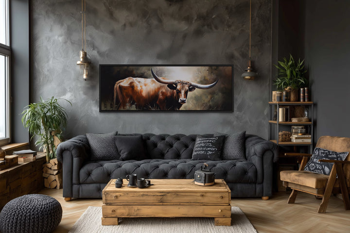 Texas Longhorn Steer Panoramic Framed Canvas Wall Art