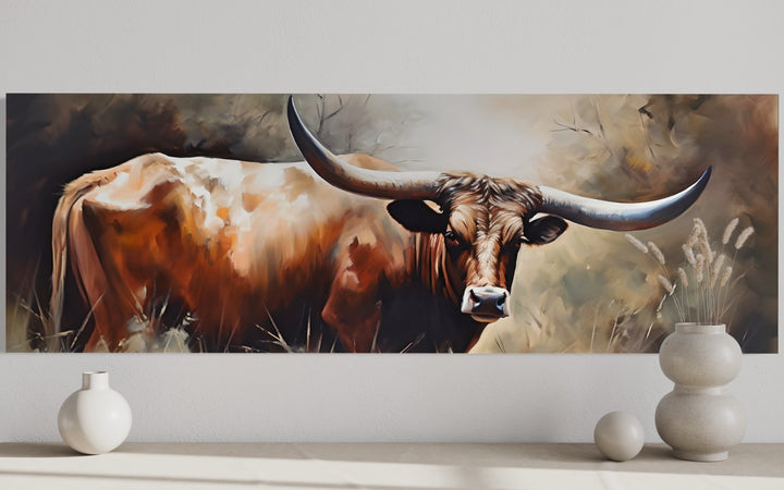 Texas Longhorn Steer Panoramic Framed Canvas Wall Art