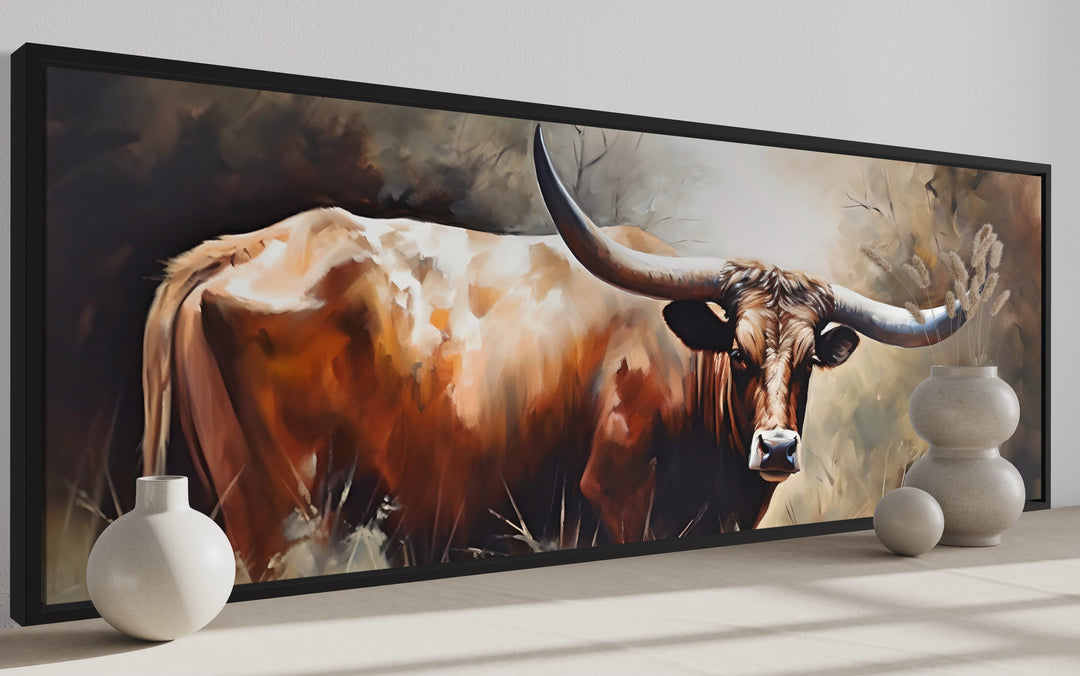 Texas Longhorn Steer Panoramic Framed Canvas Wall Art