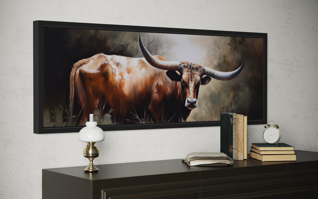 Texas Longhorn Steer Panoramic Framed Canvas Wall Art