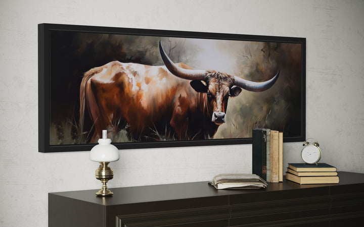 Texas Longhorn Steer Panoramic Framed Canvas Wall Art