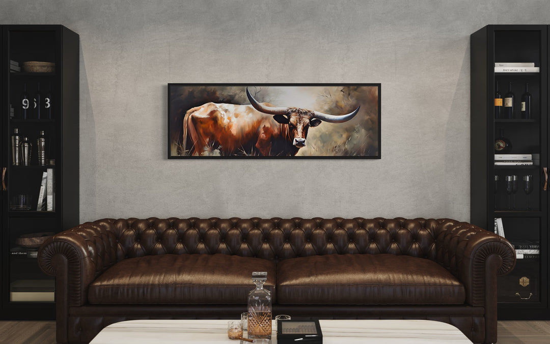 Texas Longhorn Steer Panoramic Framed Canvas Wall Art-Wall Decor Delights