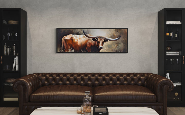 Texas Longhorn Steer Panoramic Framed Canvas Wall Art