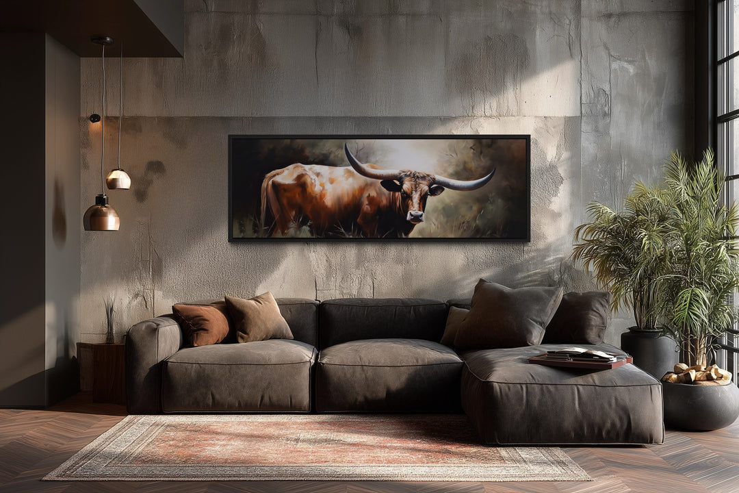Texas Longhorn Steer Panoramic Framed Canvas Wall Art