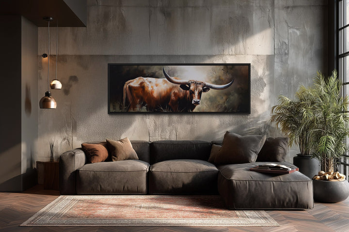 Texas Longhorn Steer Panoramic Framed Canvas Wall Art