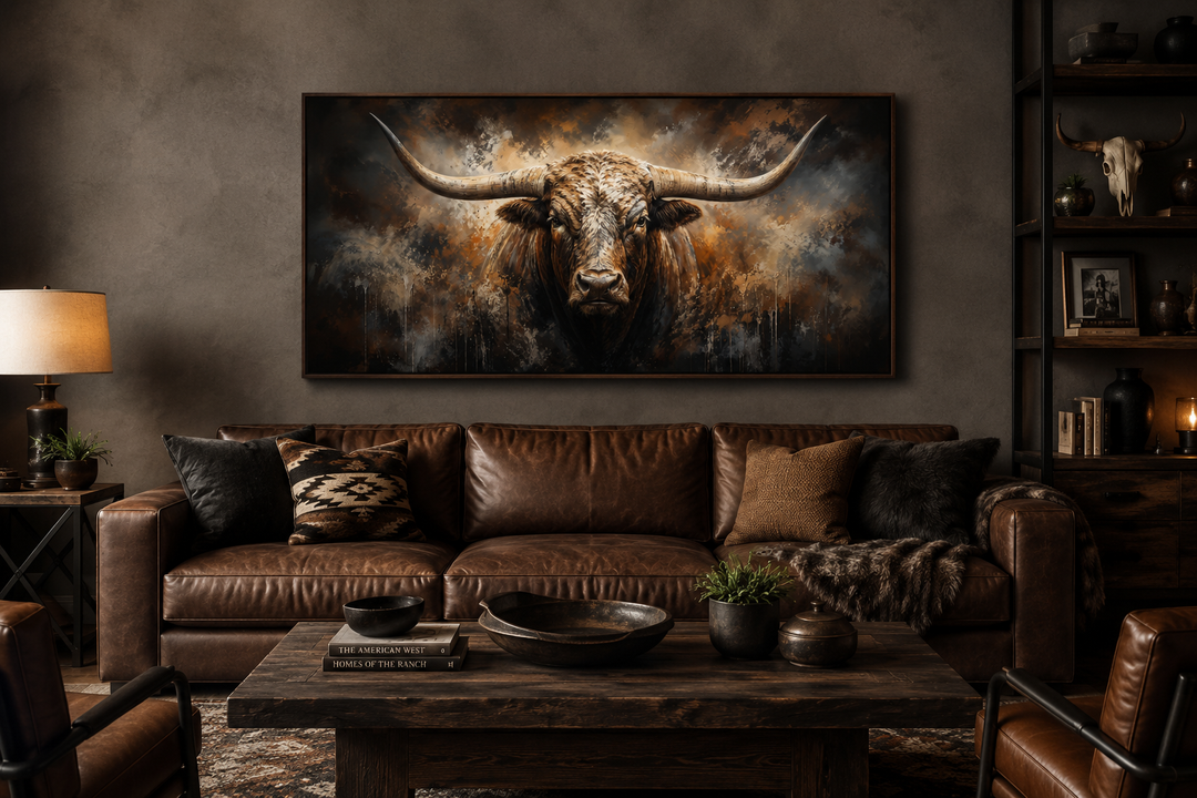 Large framed abstract Texas longhorn bull painting above a brown leather sofa in a rustic office.