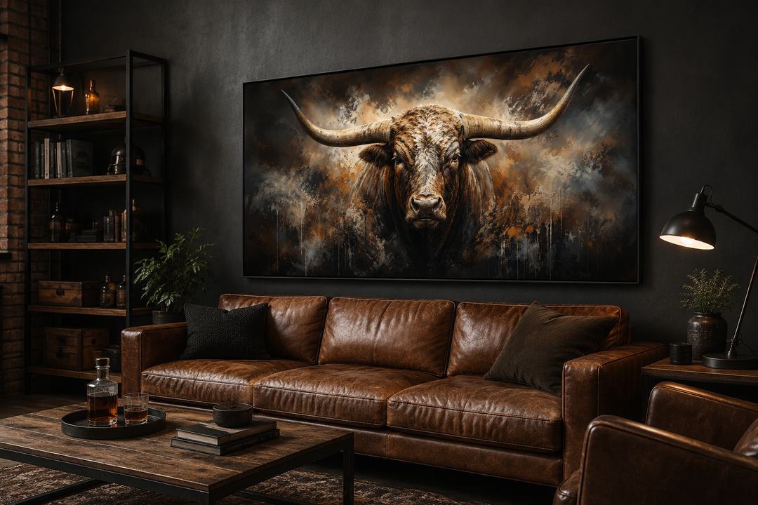 Large framed abstract Texas longhorn bull painting hanging above a brown leather sofa in an office.
