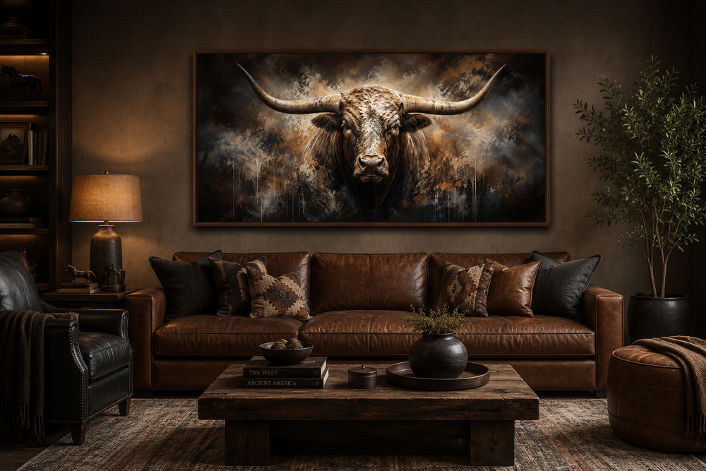 Large framed abstract Texas longhorn bull painting above a brown leather sofa in a rustic office.