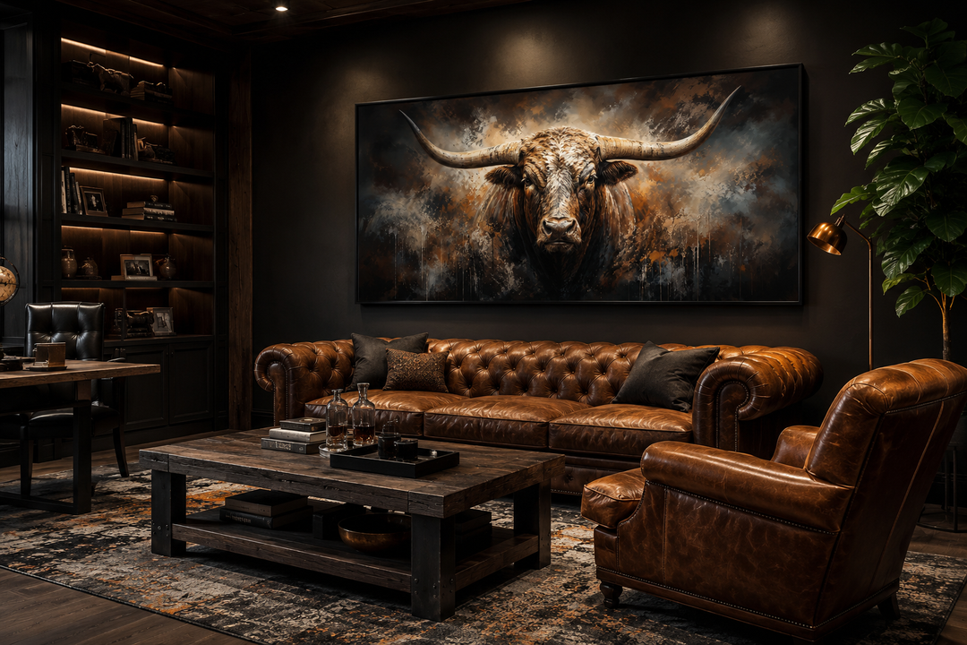 Large framed abstract Texas longhorn bull painting on a dark wall in a masculine office setting.