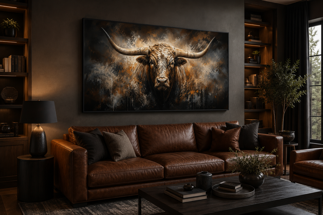 Large framed abstract Texas longhorn bull painting hanging above a brown leather sofa in an office.