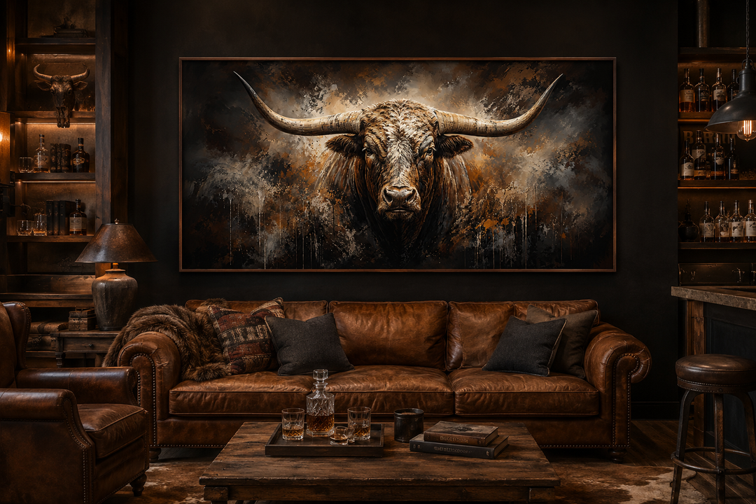 Large framed abstract Texas longhorn bull canvas painting hanging in a rustic office setting.
