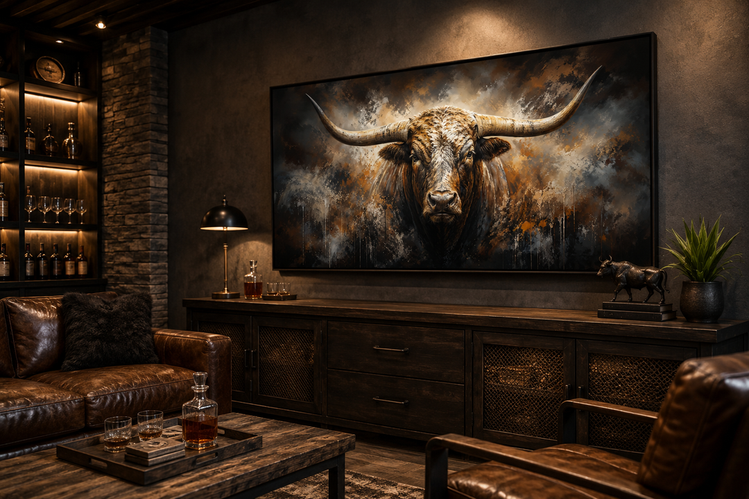 Large framed abstract Texas Longhorn bull painting on a dark wall in a rustic office setting.