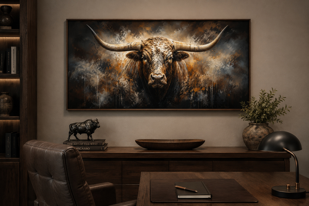 Large framed abstract Texas Longhorn bull canvas painting in a dark wood office setting.