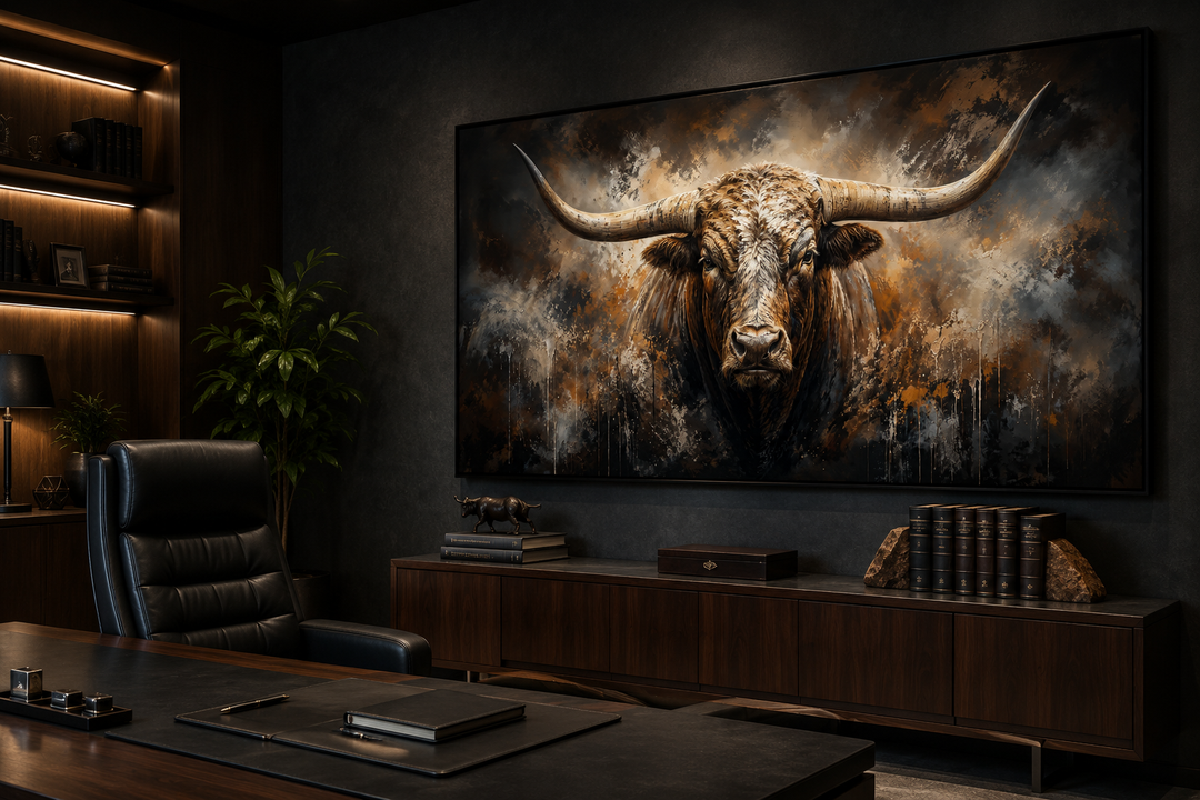 Large framed abstract Texas Longhorn bull painting displayed in a dark, modern office setting.