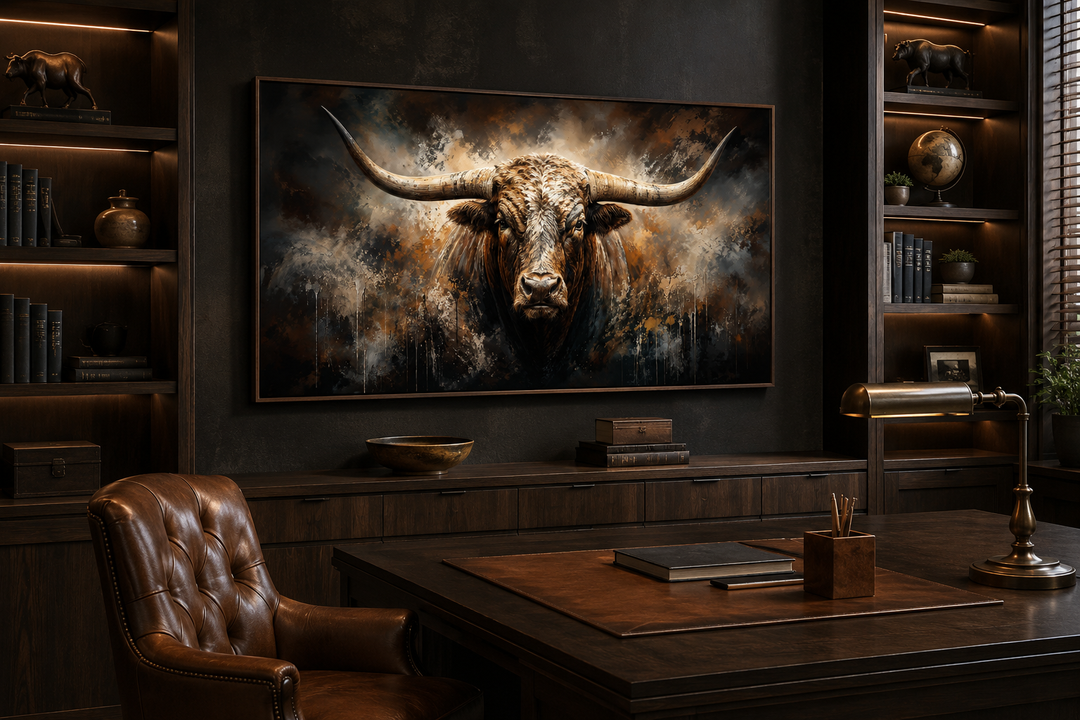 Large framed abstract Texas Longhorn bull painting on a dark wall in a masculine office setting.