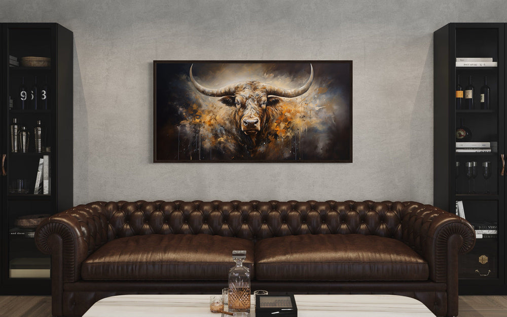 Texas Longhorn Wall Art – Abstract Longhorn Painting on Large Framed Canvas for Rustic Living Room Decor