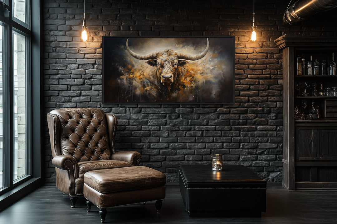 Texas Longhorn Wall Art – Abstract Longhorn Painting on Large Framed Canvas for Rustic Living Room Decor