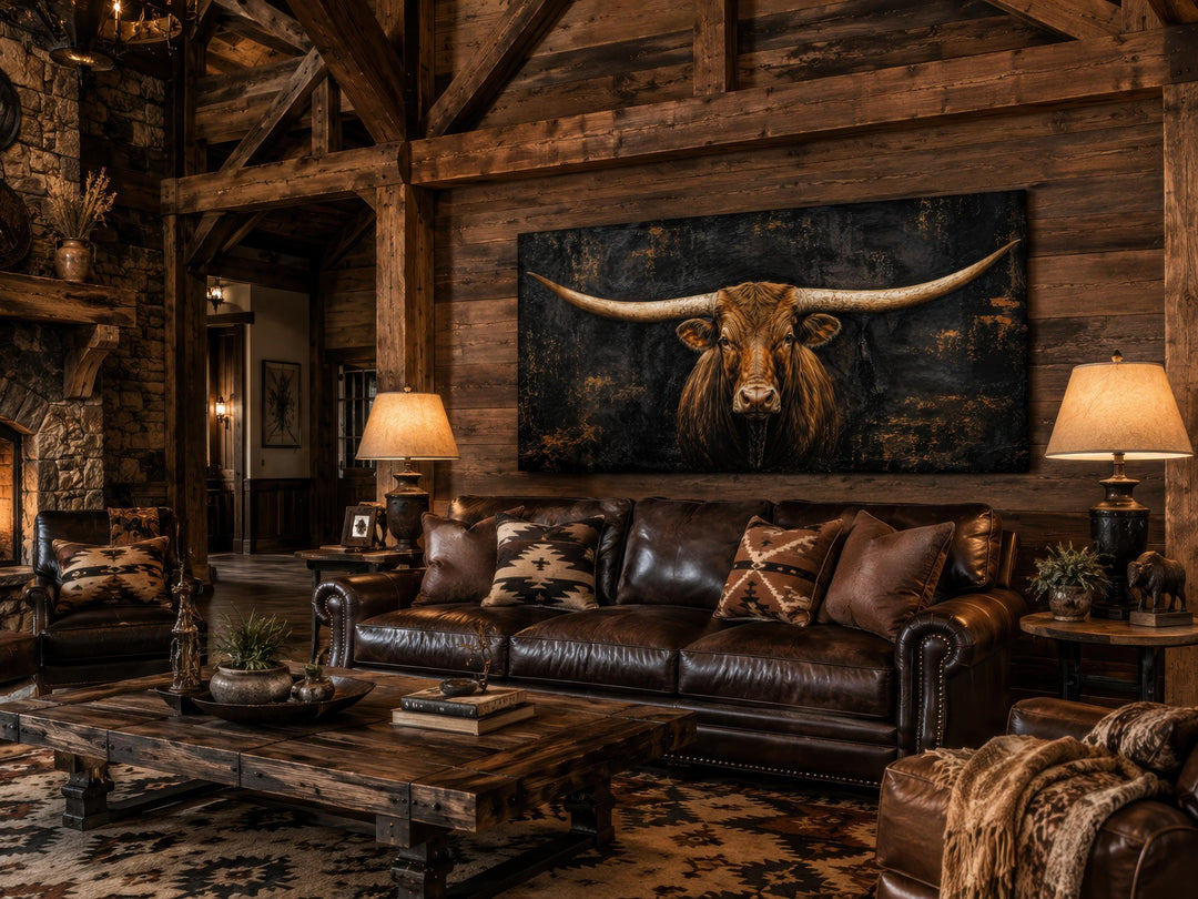 Texas Longhorn wall art canvas with a dark, moody bull portrait above a leather sofa in a rustic den.