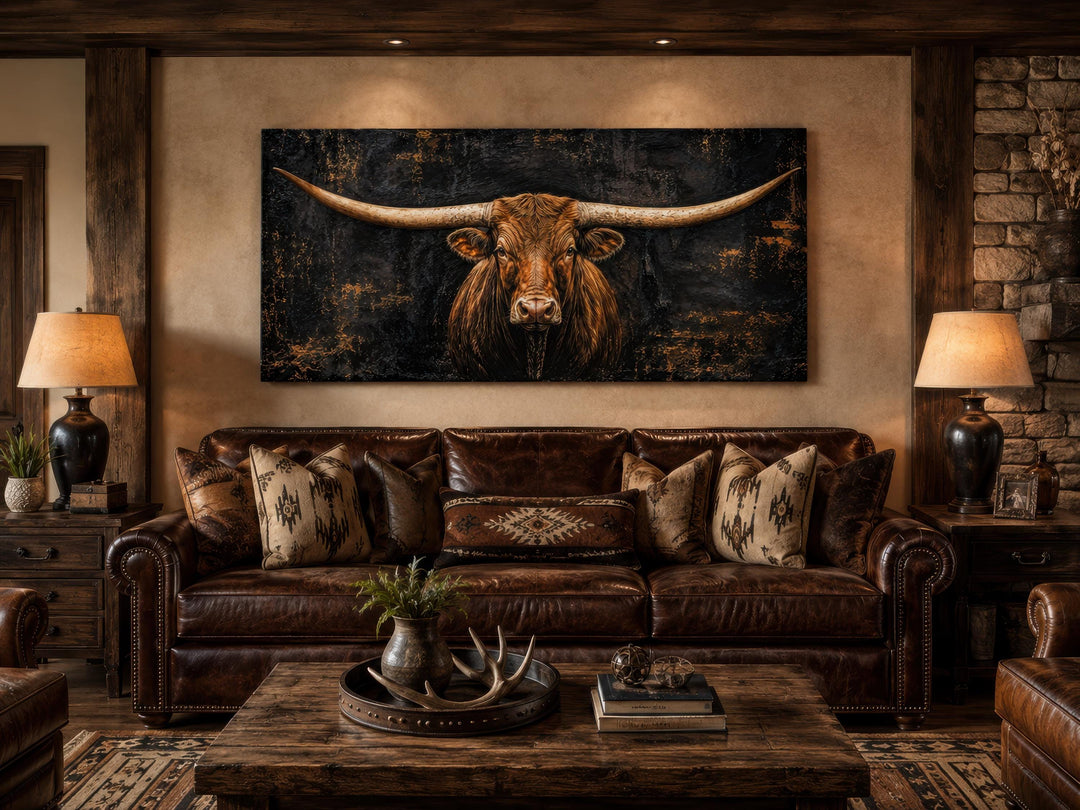 Texas Longhorn canvas wall art above a brown leather sofa in a rustic Western-style living room.