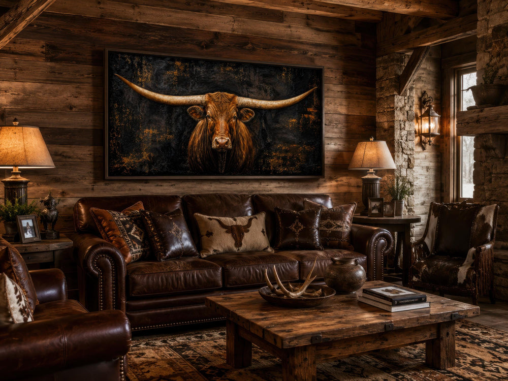 Dark moody Texas Longhorn canvas wall art hanging above a brown leather sofa in a rustic cabin.