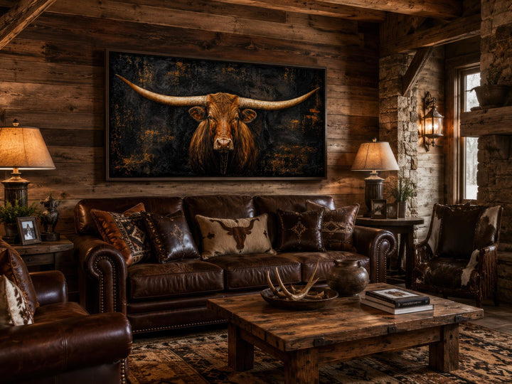Dark moody Texas Longhorn canvas wall art hanging above a brown leather sofa in a rustic cabin.