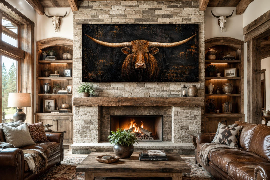 Texas Longhorn wall art canvas with a dark moody bull portrait above a stone fireplace.