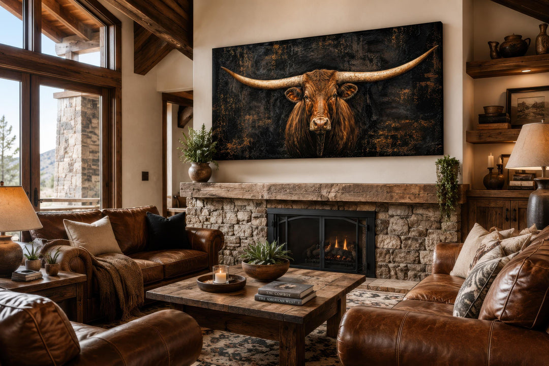 Texas Longhorn wall art canvas print above a stone fireplace in a rustic living room.