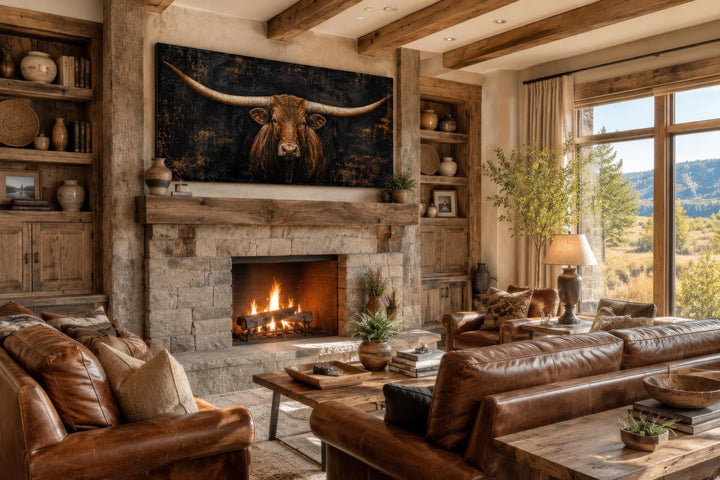 Texas Longhorn wall art canvas print featuring a dark moody bull portrait over a stone fireplace.