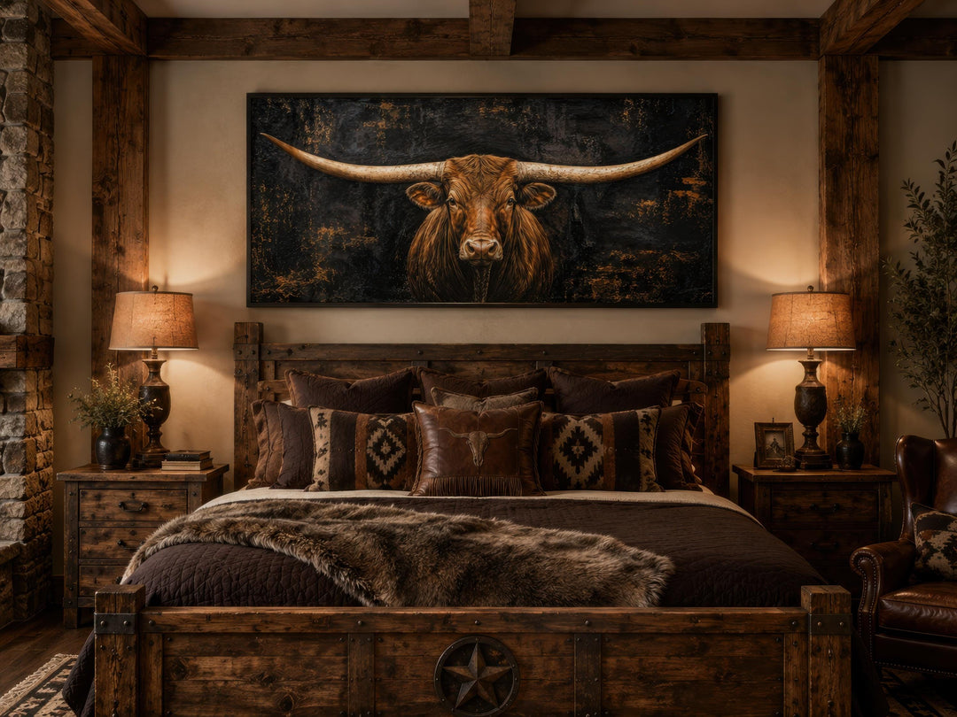 Texas Longhorn wall art canvas print above a rustic wooden bed with western-style bedding.