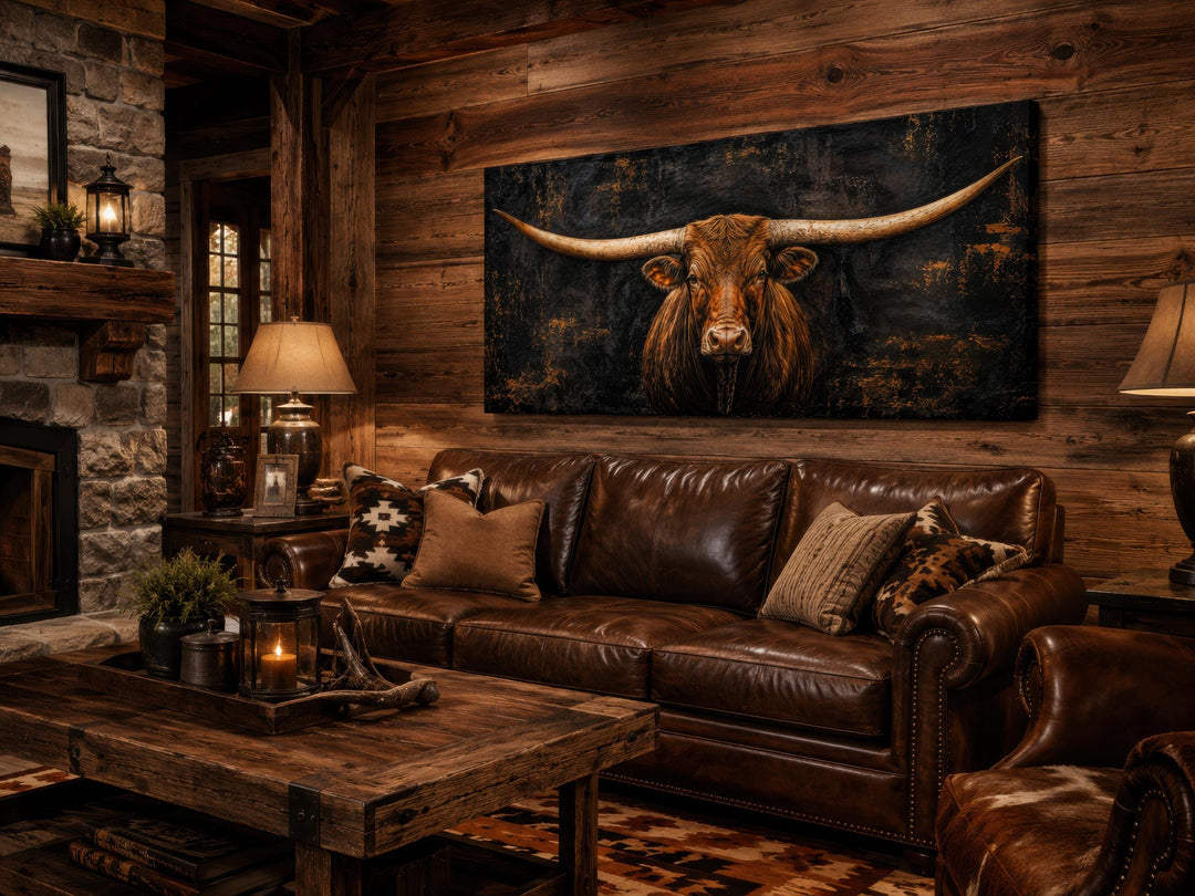 Texas Longhorn wall art canvas print in a rustic living room with leather sofa and stone fireplace.