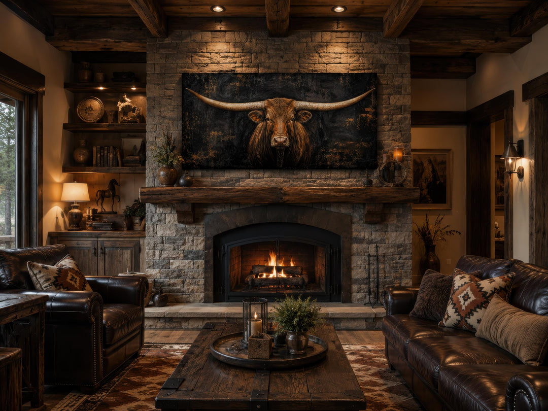 Texas Longhorn wall art canvas with a dark moody bull portrait above a rustic stone fireplace.
