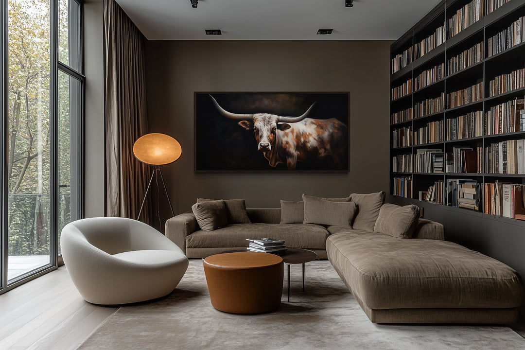 Extra large framed canvas wall art featuring a detailed Texas Longhorn painting in a modern room.