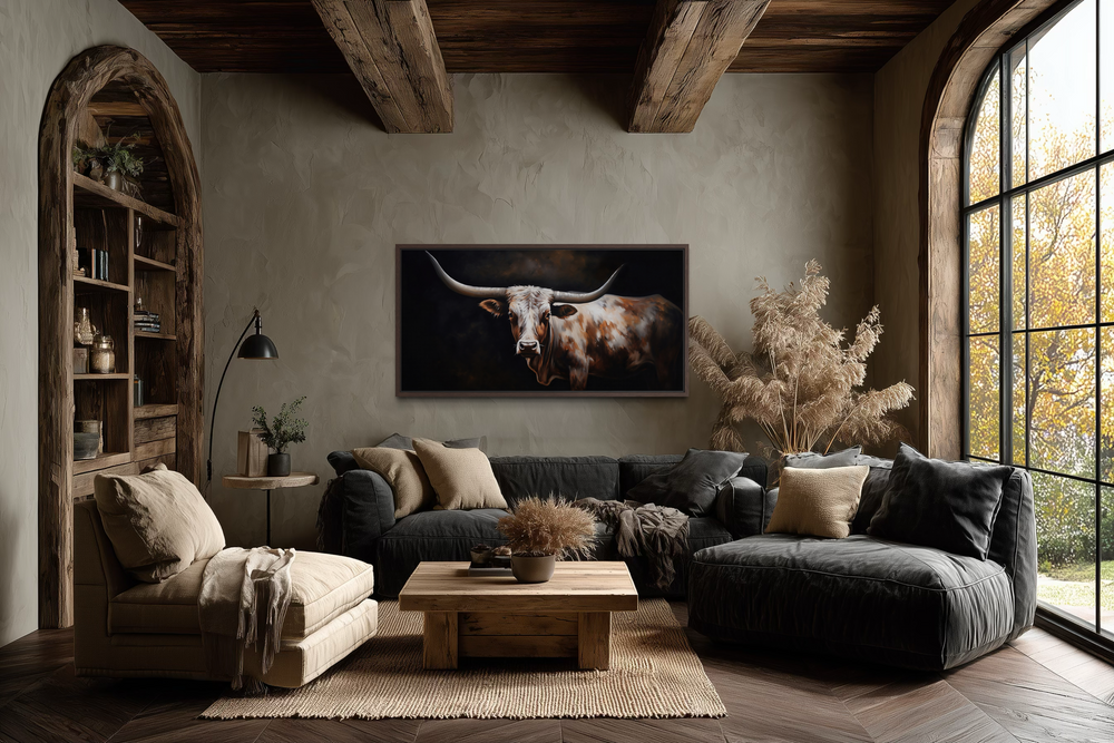 Extra large framed canvas wall art featuring a Texas Longhorn in a rustic farmhouse living room.
