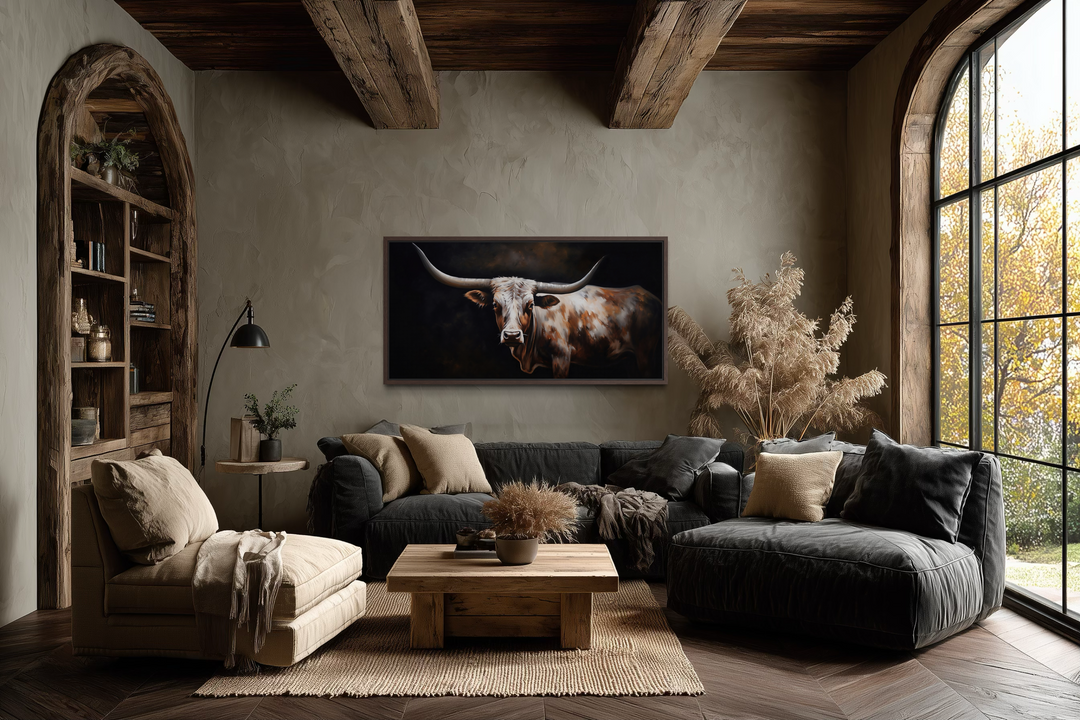 Extra large framed canvas wall art featuring a Texas Longhorn in a rustic farmhouse living room.