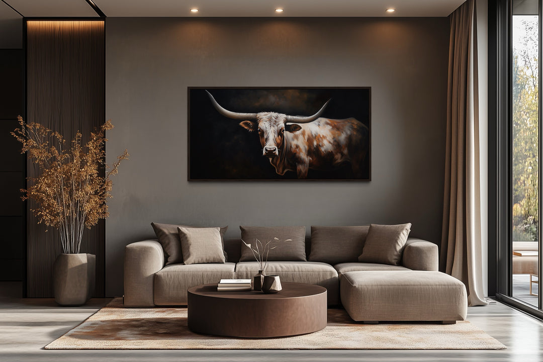 Extra large framed canvas wall art of a Texas Longhorn cow in a modern rustic living room.