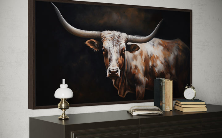 Extra large framed canvas wall art featuring a rustic Texas Longhorn painting on a dark background.