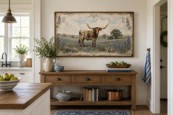Rustic farmhouse canvas print of a Texas Longhorn in a bluebonnet field above a wooden console.